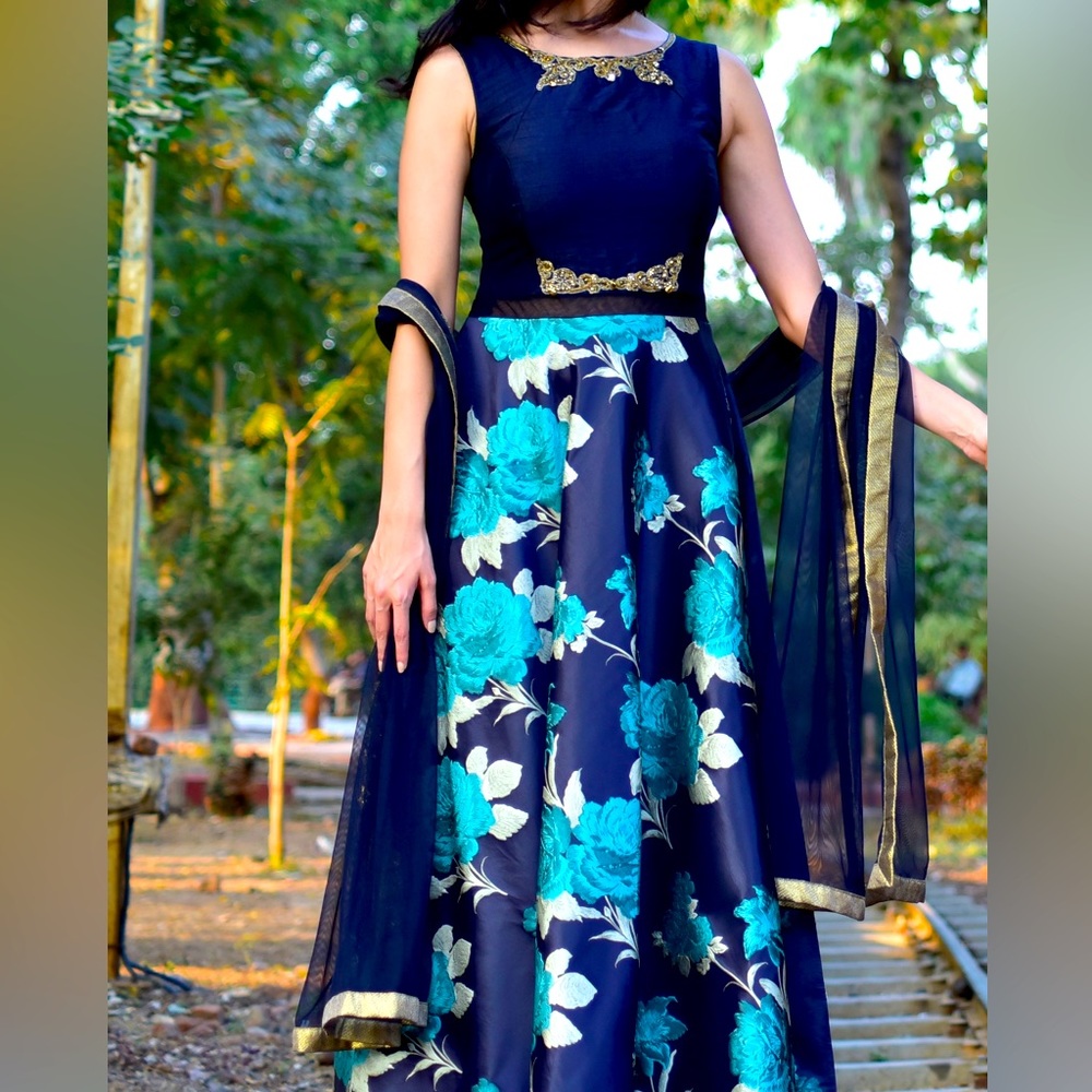 Floor length floral Anarkali in Blue with gold work